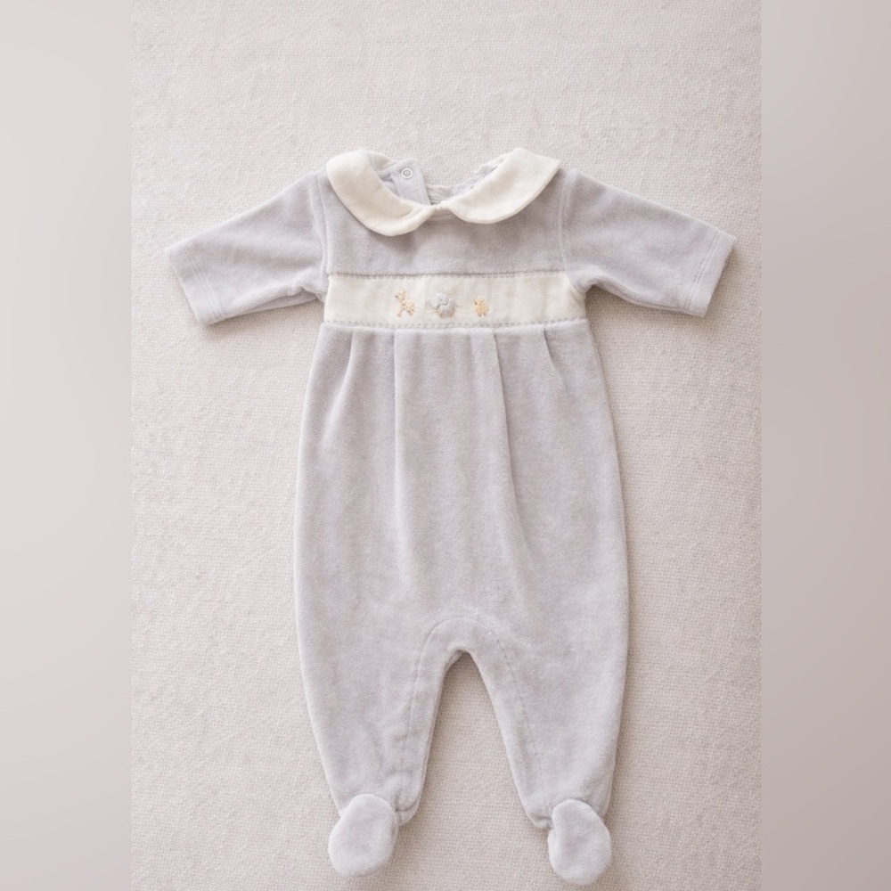 Kissy Kissy Newborn Velour Footie Romper Grey & Ivory Embroidered Luxury Baby